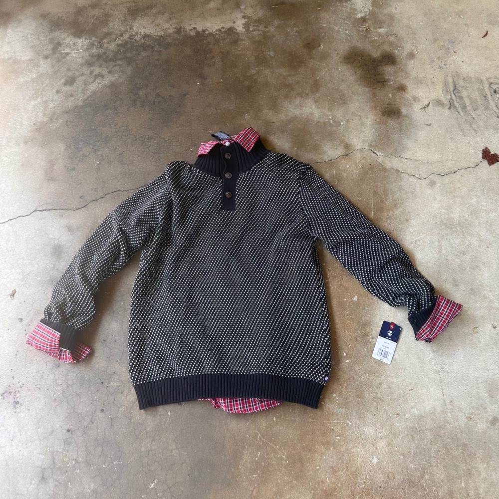 IZOD Sweater & Shirt Set Boys XL 18/20 Black NWT Husky Plaid Mock Neck 2pc